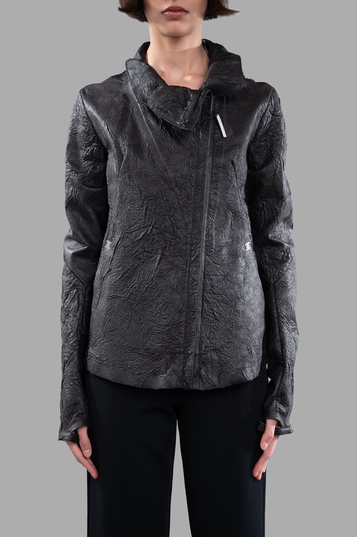 Isaac Sellam Crinkled Leather Jacket in black, featuring a stand-up collar and concealed zip, showcasing unique texture.
