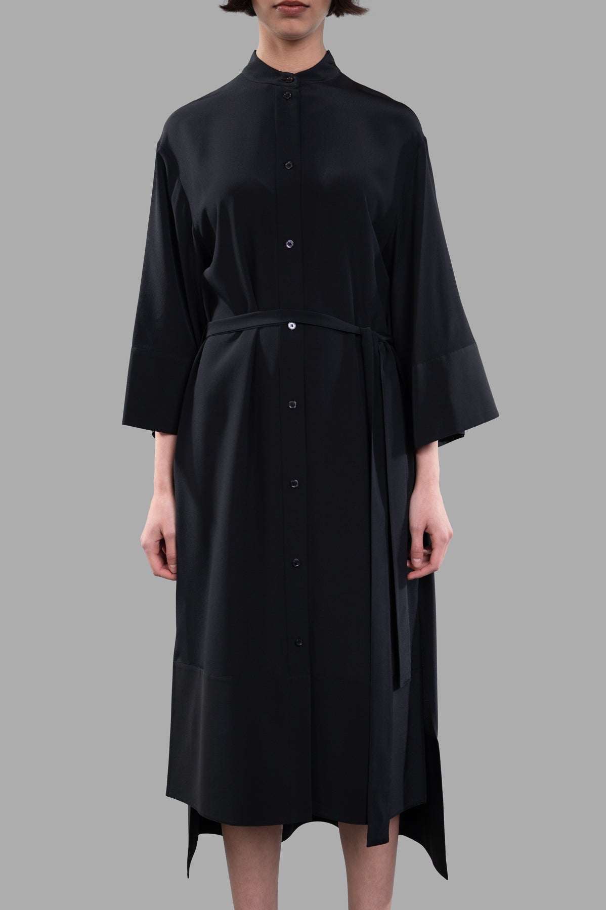 Joseph Crepe de Soie Silk Dress in black, featuring wide sleeves and step hemline, shown on model for effortless style.