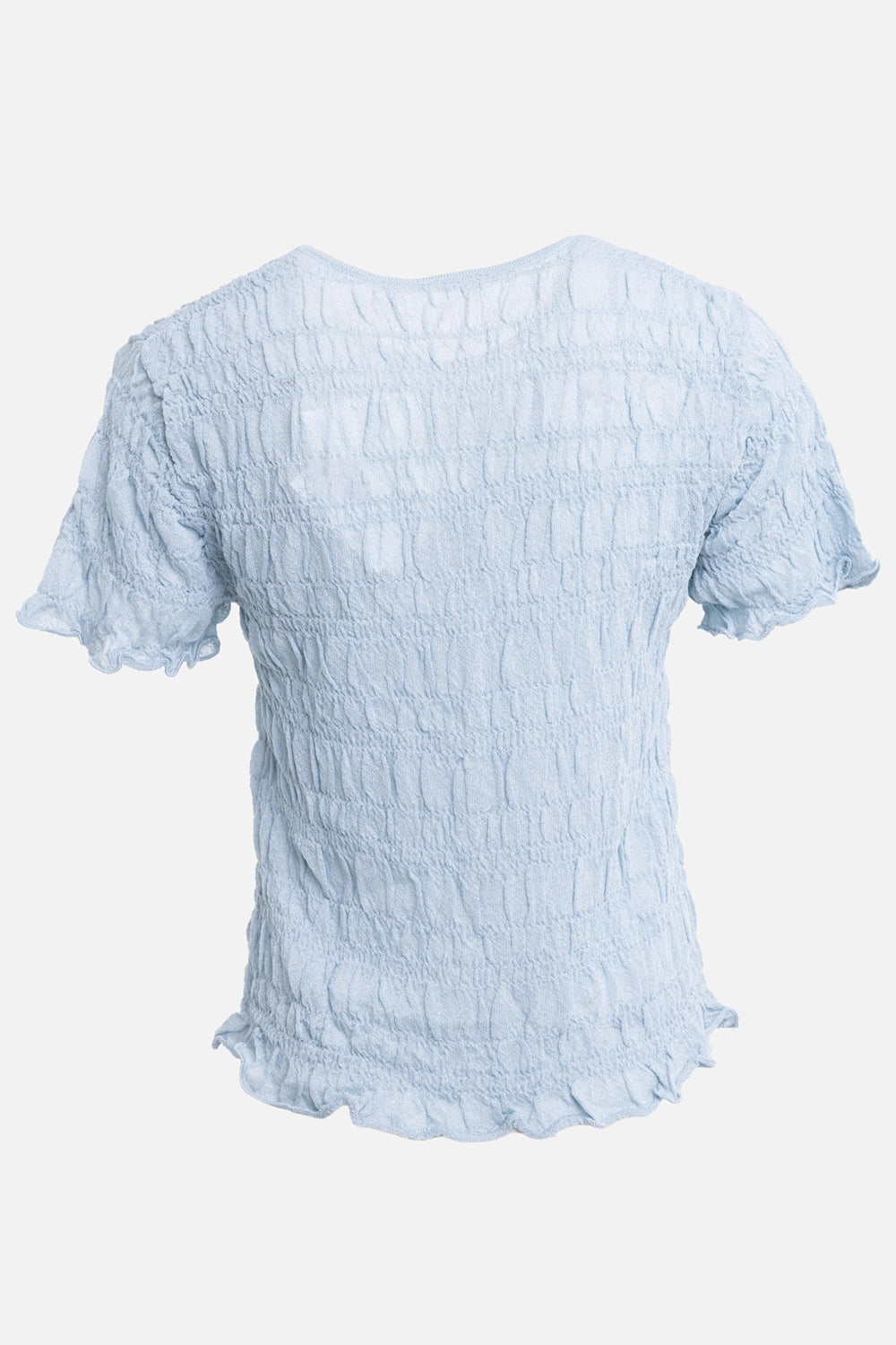 By Malene Birger women's T-shirt in Dream Blue, back view, all-over smocked texture and softly ruffled hem