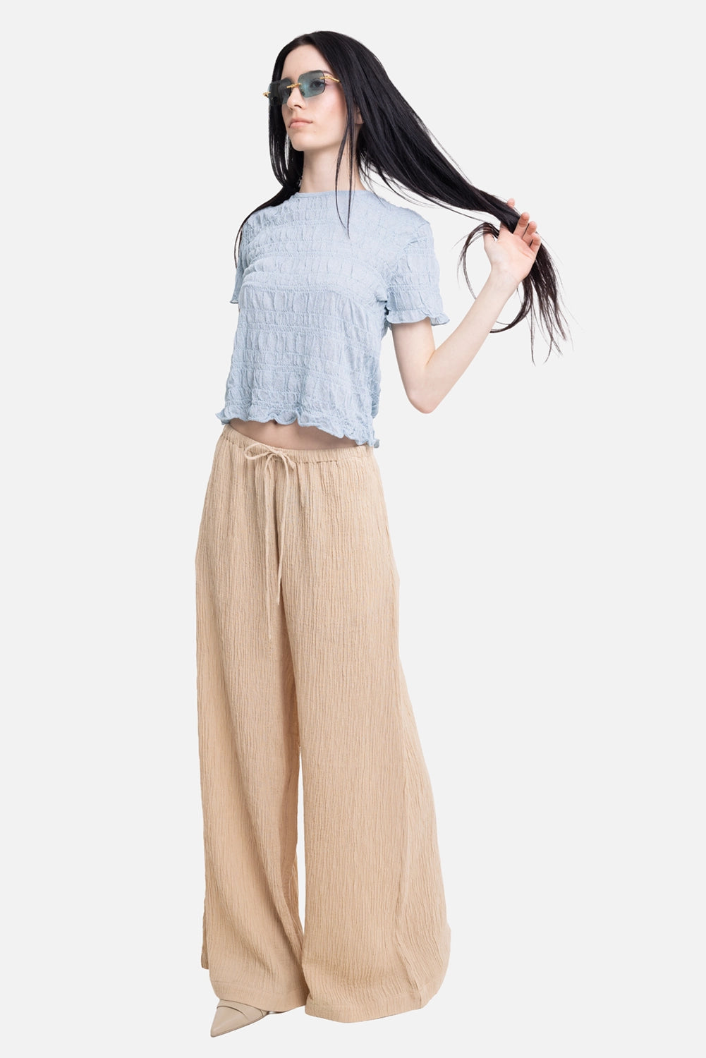 By Malene Birger women's T-shirt in Dream Blue, on-model full-length, cropped fit with softly ruffled sleeves