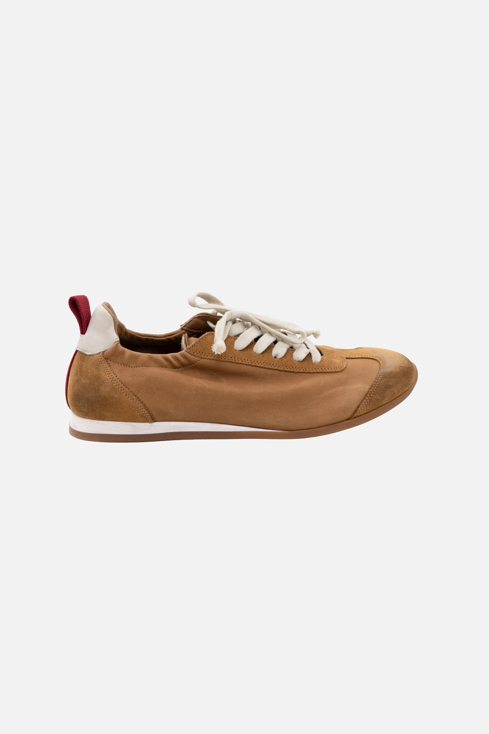 UMA WANG women’s sneakers in mustard, side view, smooth leather panels with suede trims and gum outsole.