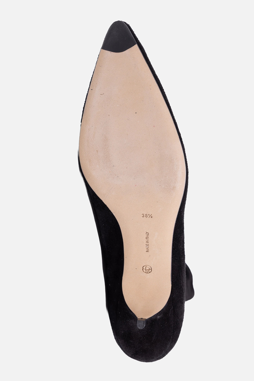 Pre-owned The Row womens sock boots in black, sole view, leather outsole with size stamp and Made in Italy marking