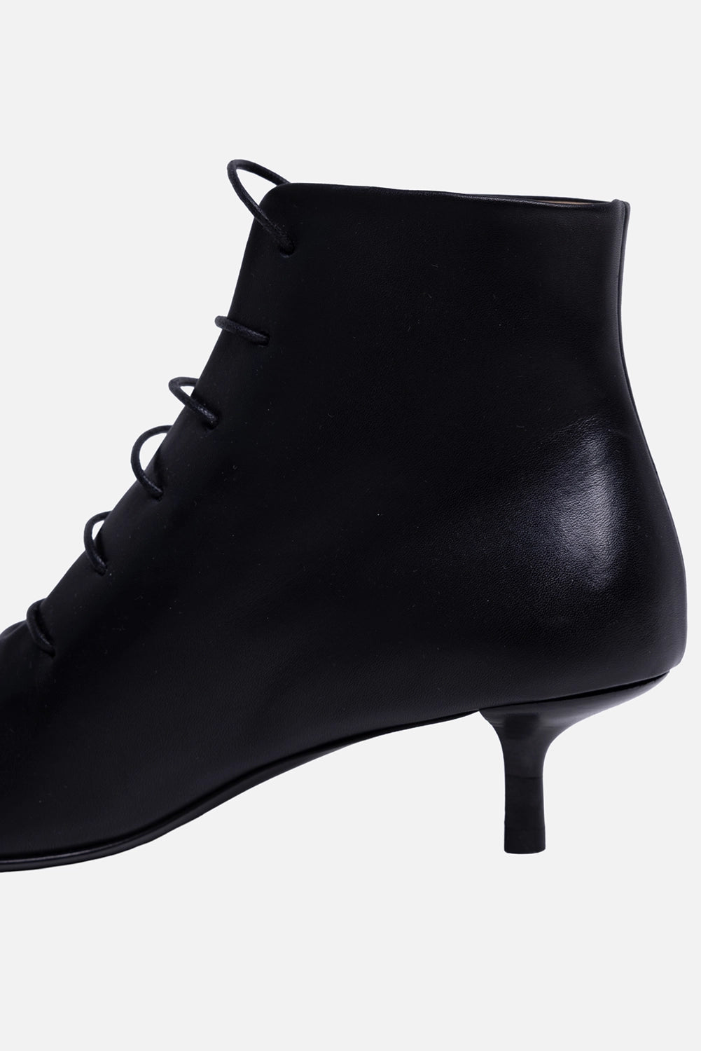 Open-toe lace-up ankle boots in black smooth calf leather, close-up side view with heel