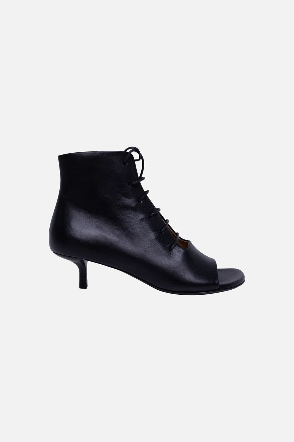 Open-toe lace-up ankle boots in black smooth calf leather, side profile with slim heel