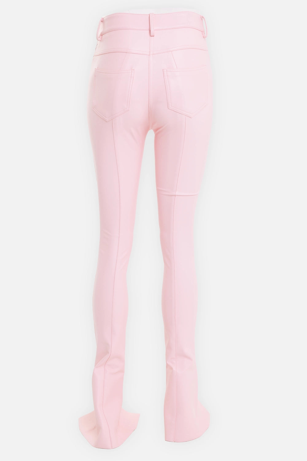 Norma Kamali women's Spat Jeans in ballet pink, back view with patch pockets and long split hems