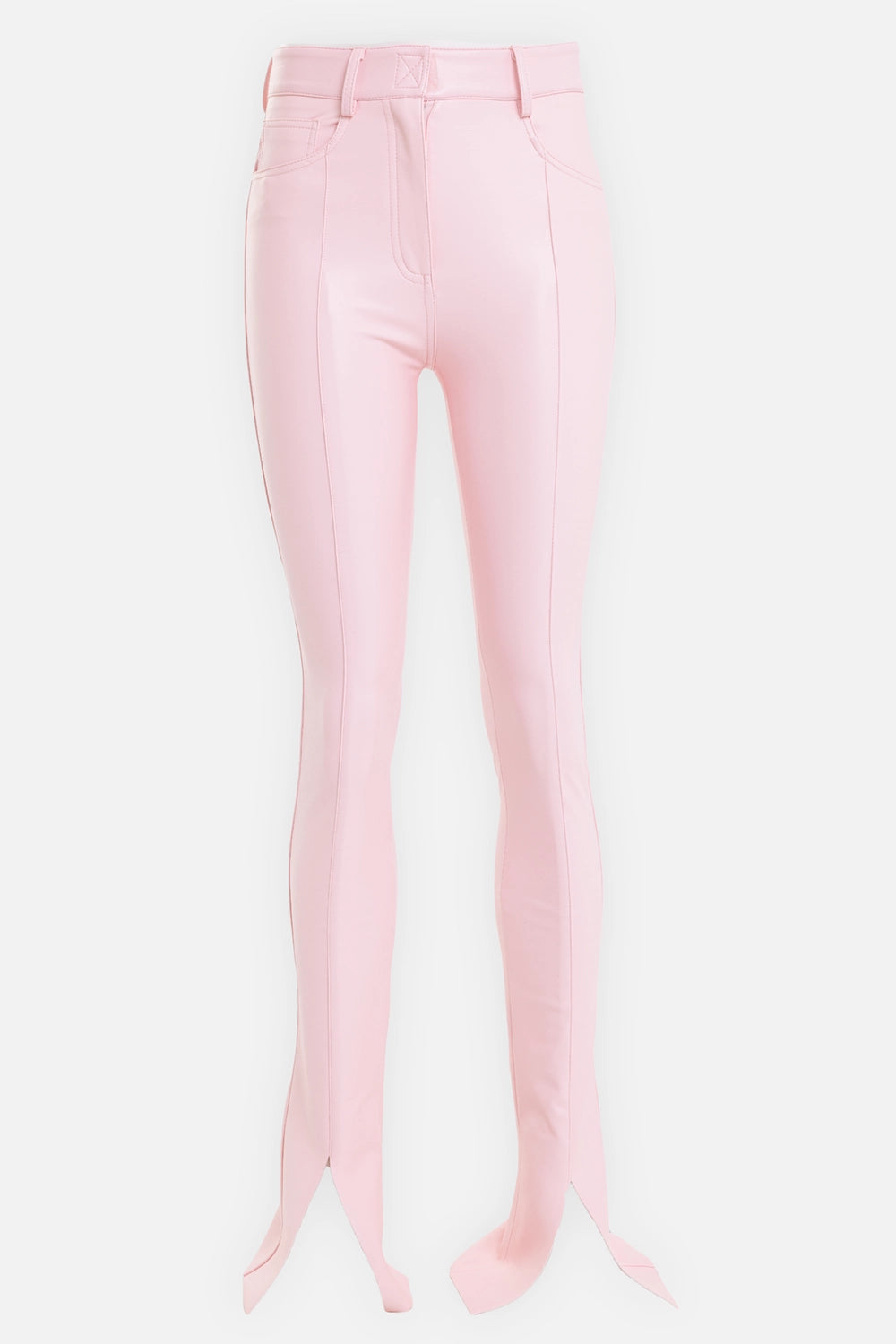 Norma Kamali women's Spat Jeans in ballet pink, front view with five-pocket waist and center seams