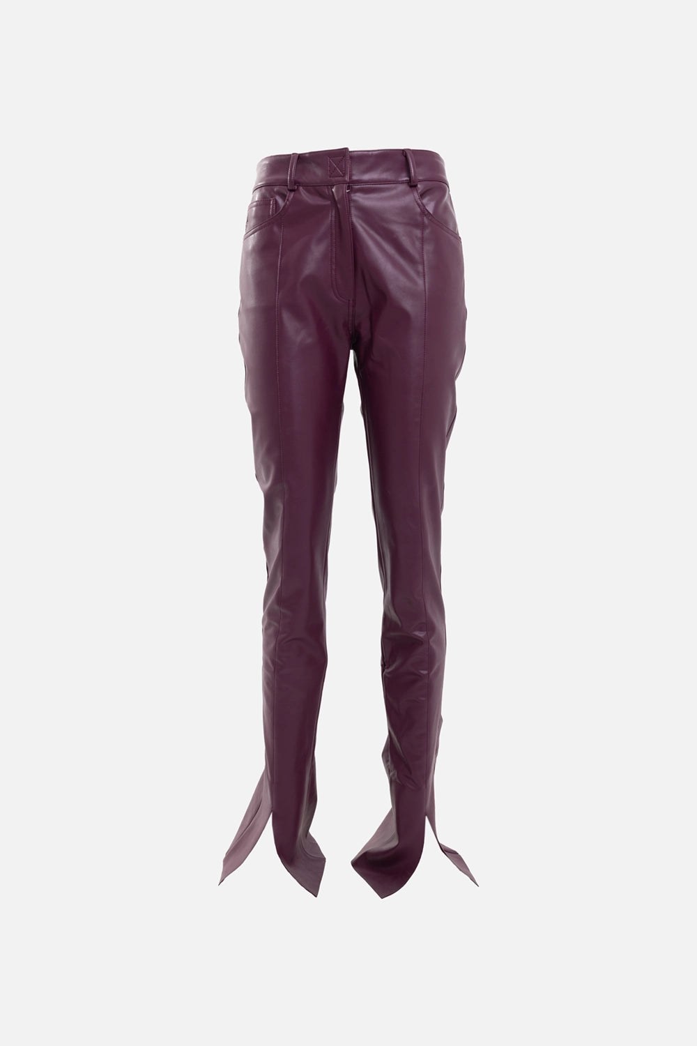 Norma Kamali women's spat jeans in plum, front view, high-rise waist with split hem spats