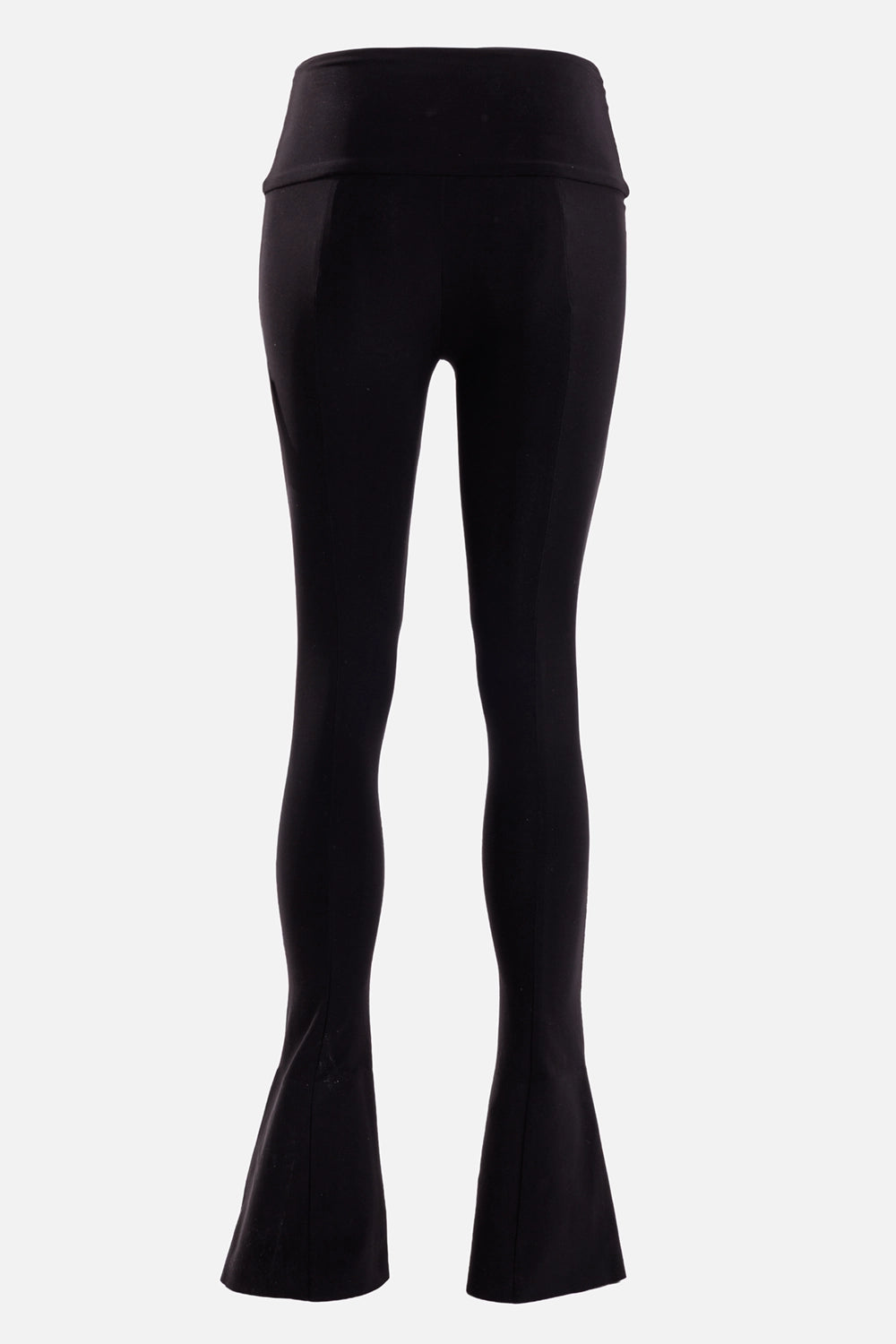 Norma Kamali women's black Spat leggings, back view with wide waistband, smooth seams and flared legs