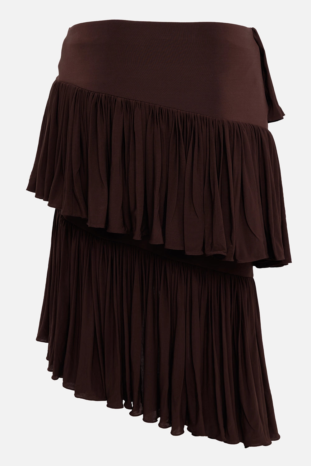 Alaïa women's spiral ruffle skirt in brown, 3/4 view with cascading side panel and tiered hem