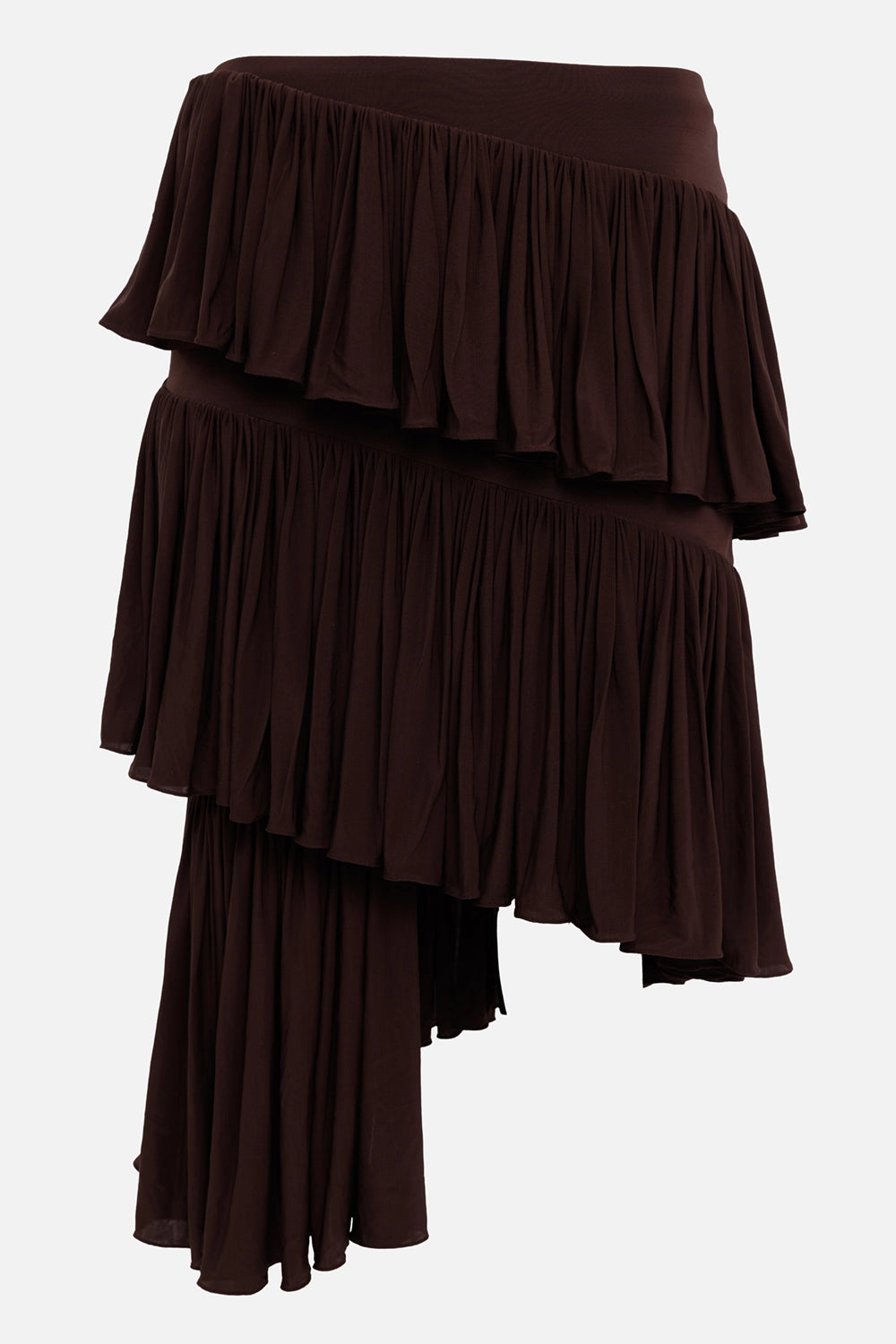 Alaïa women's spiral ruffle skirt in brown, front view with angled tiers and asymmetric hem
