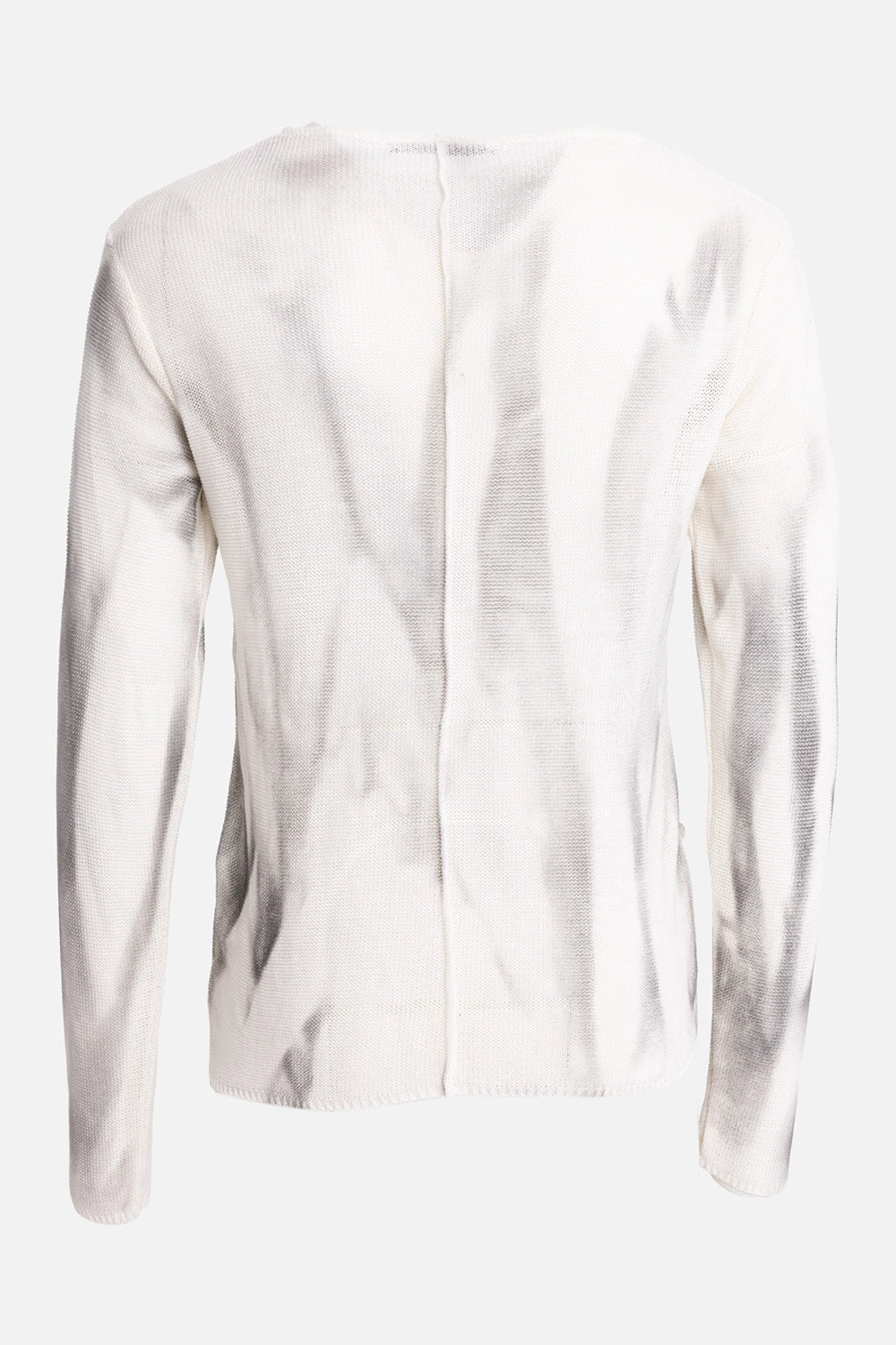 LA HAINE INSIDE US men's sweater in white, back view, gray spray effect and central raised seam
