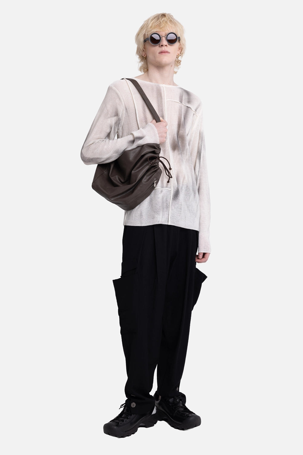 LA HAINE INSIDE US men's sweater in white, on-model full-length, long sleeves and gray spray marks