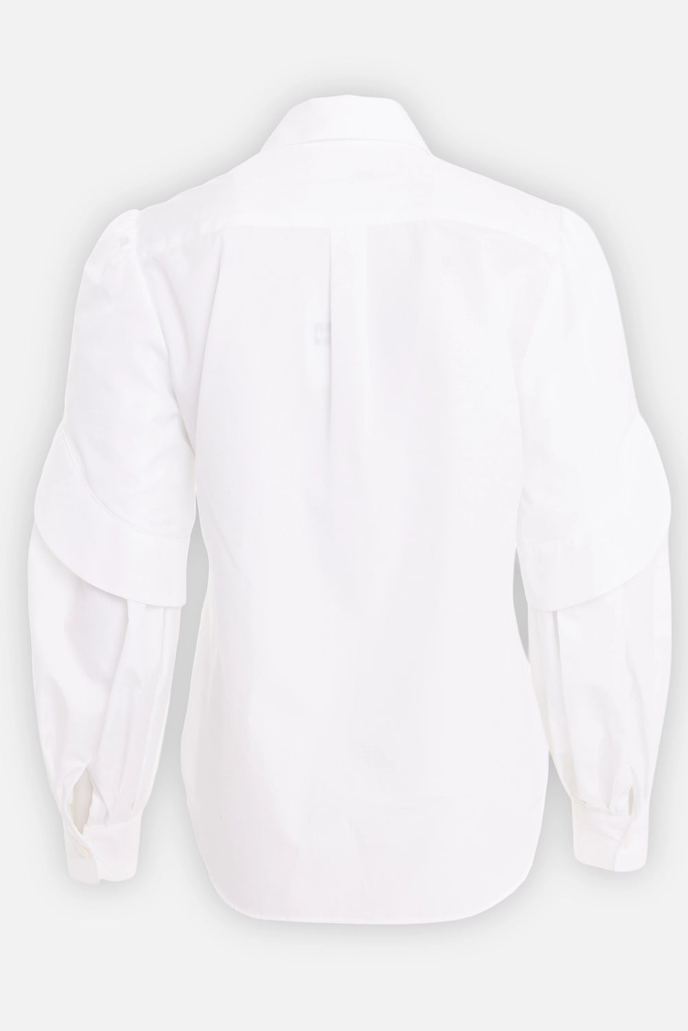 Noir Kei Ninomiya women's cotton shirt in white, back view, plain yoke and sculpted sleeve overlays