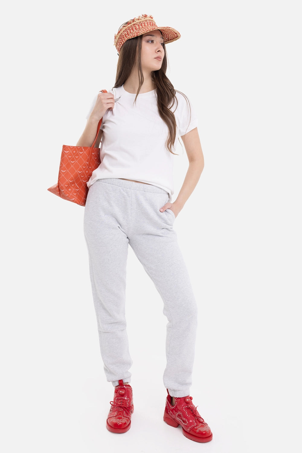 ANINE BING women’s jogger sweatpants in grey melange, on-model full-length view, side pocket and elastic cuffs