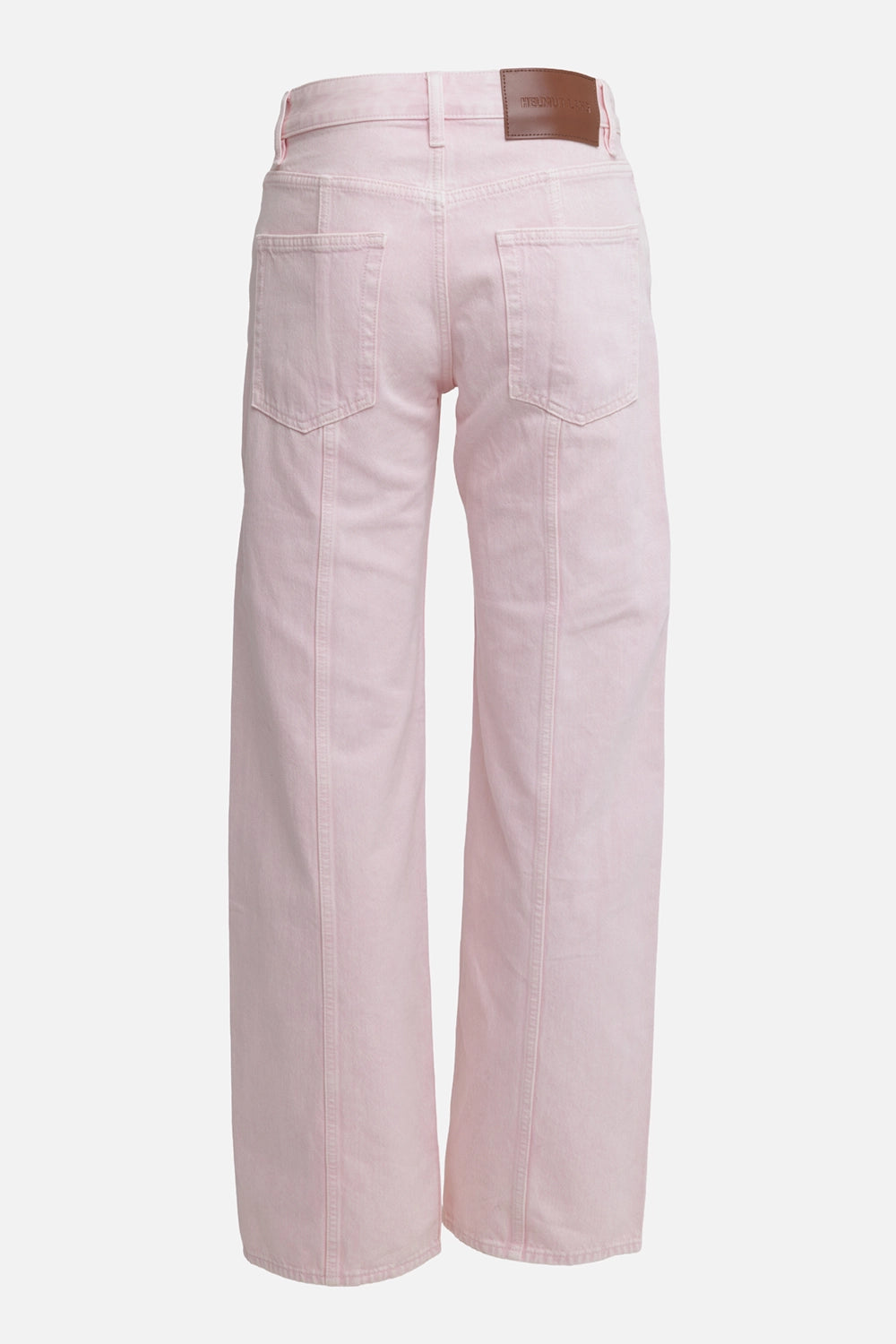 Helmut Lang women's Peony pink jeans, back view with patch pockets, vertical seams and leather logo patch