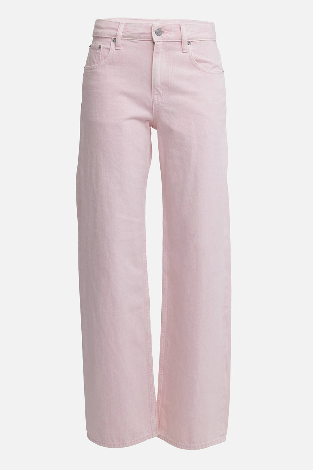 Helmut Lang women's Peony pink jeans, front view with five-pocket styling and straight full-length legs