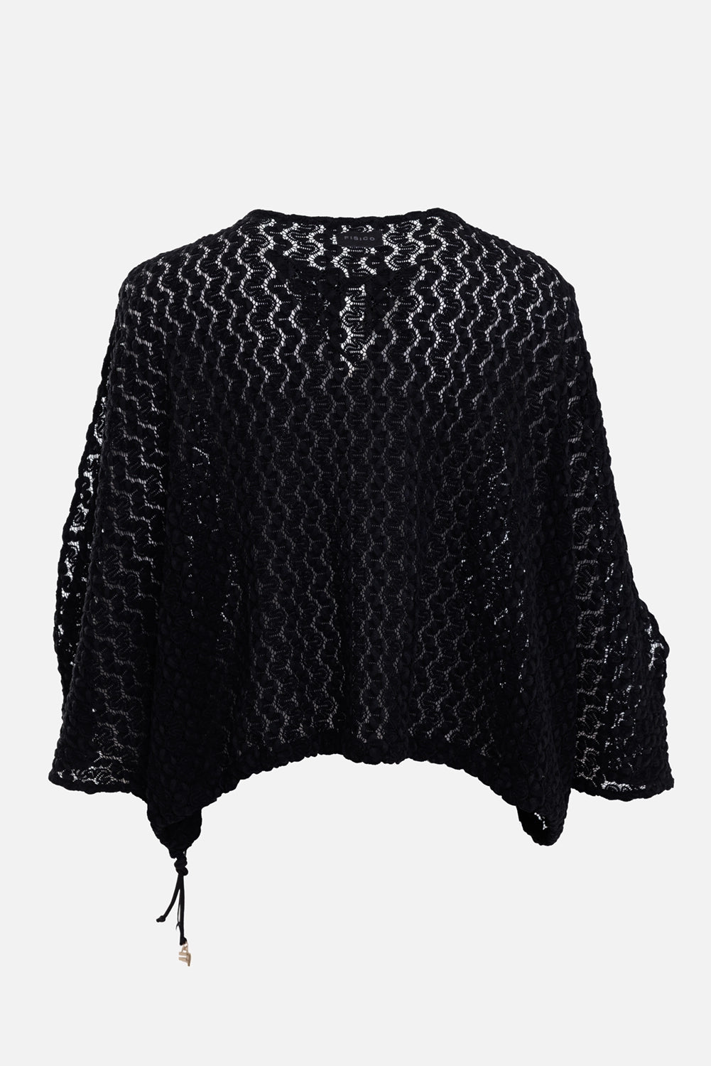 Fisico women stretch lace blouse in black, back view, open lace pattern and side tie with gold charm