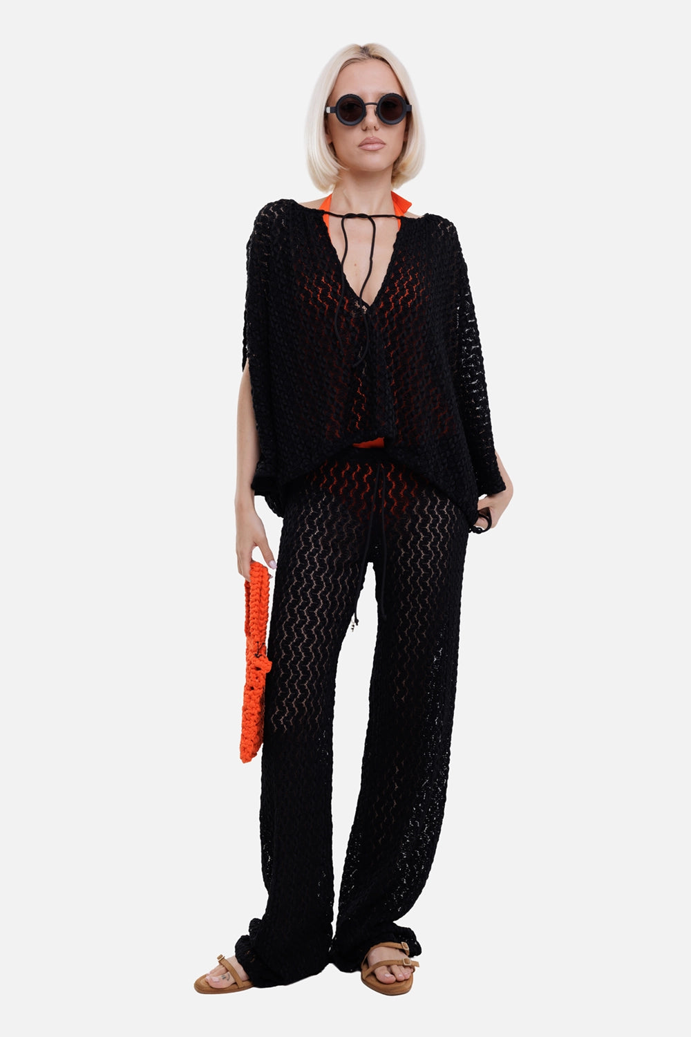 Fisico women stretch lace blouse in black, on-model full length, wide sleeve over orange bikini