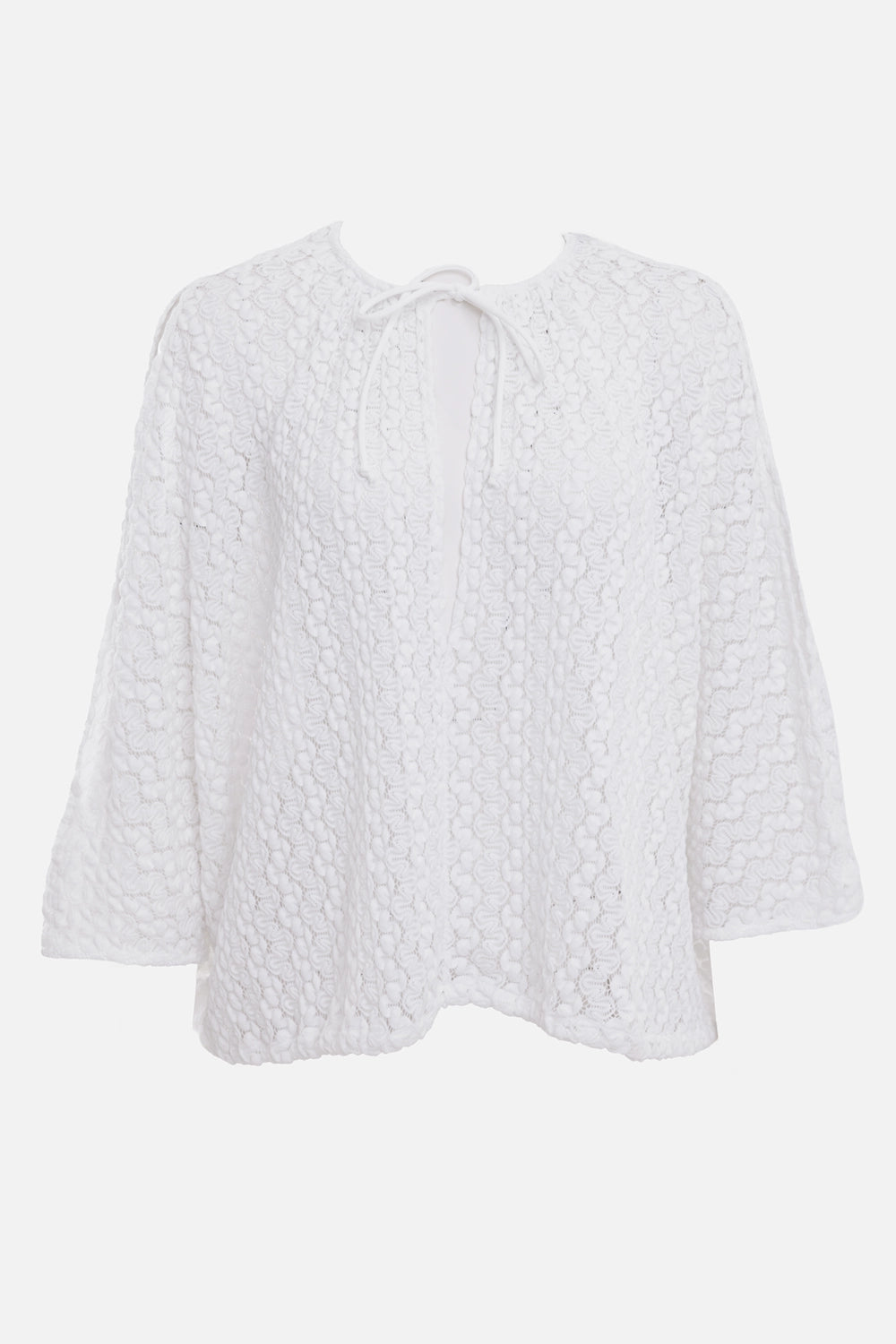 Fisico women's stretch lace blouse in White, front view, tie neckline and raised lace texture
