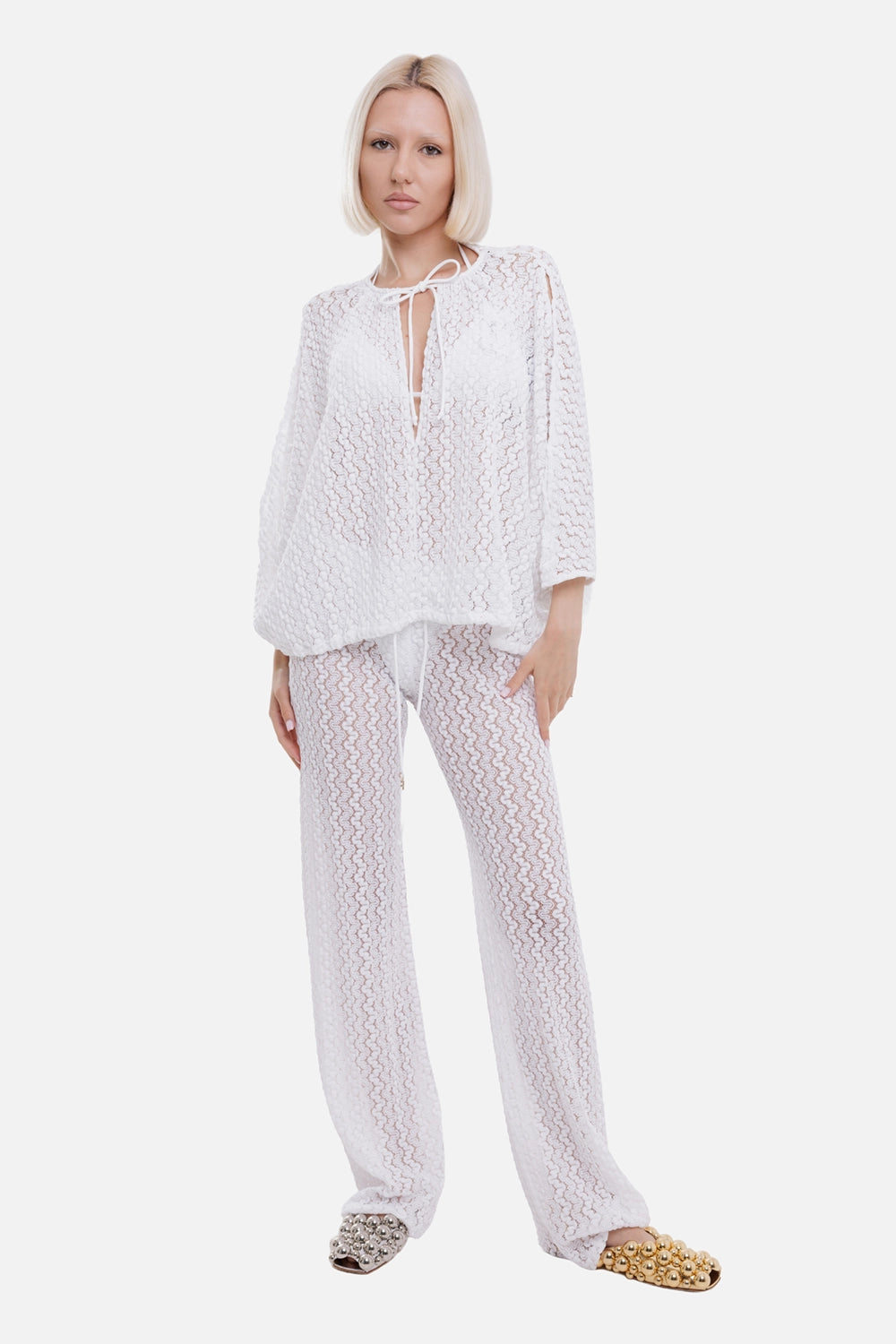 Fisico women's stretch lace blouse in White, on-model full length, front tie over matching lace pants