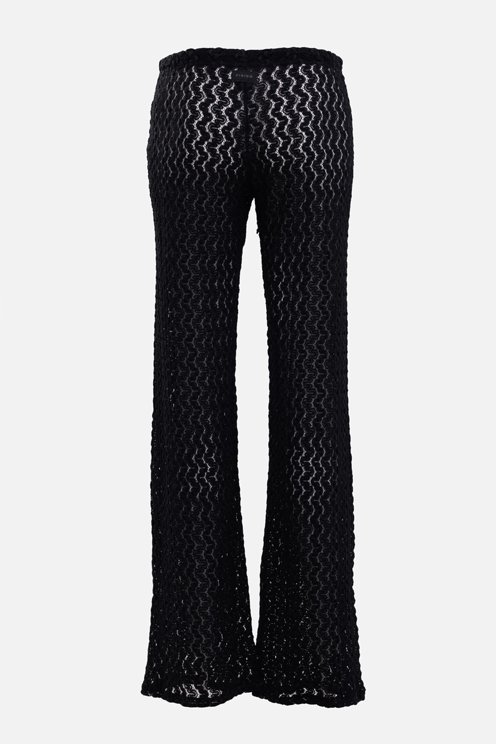 Fisico women's stretch lace pants in black, back view, tonal logo label and sheer lace legs