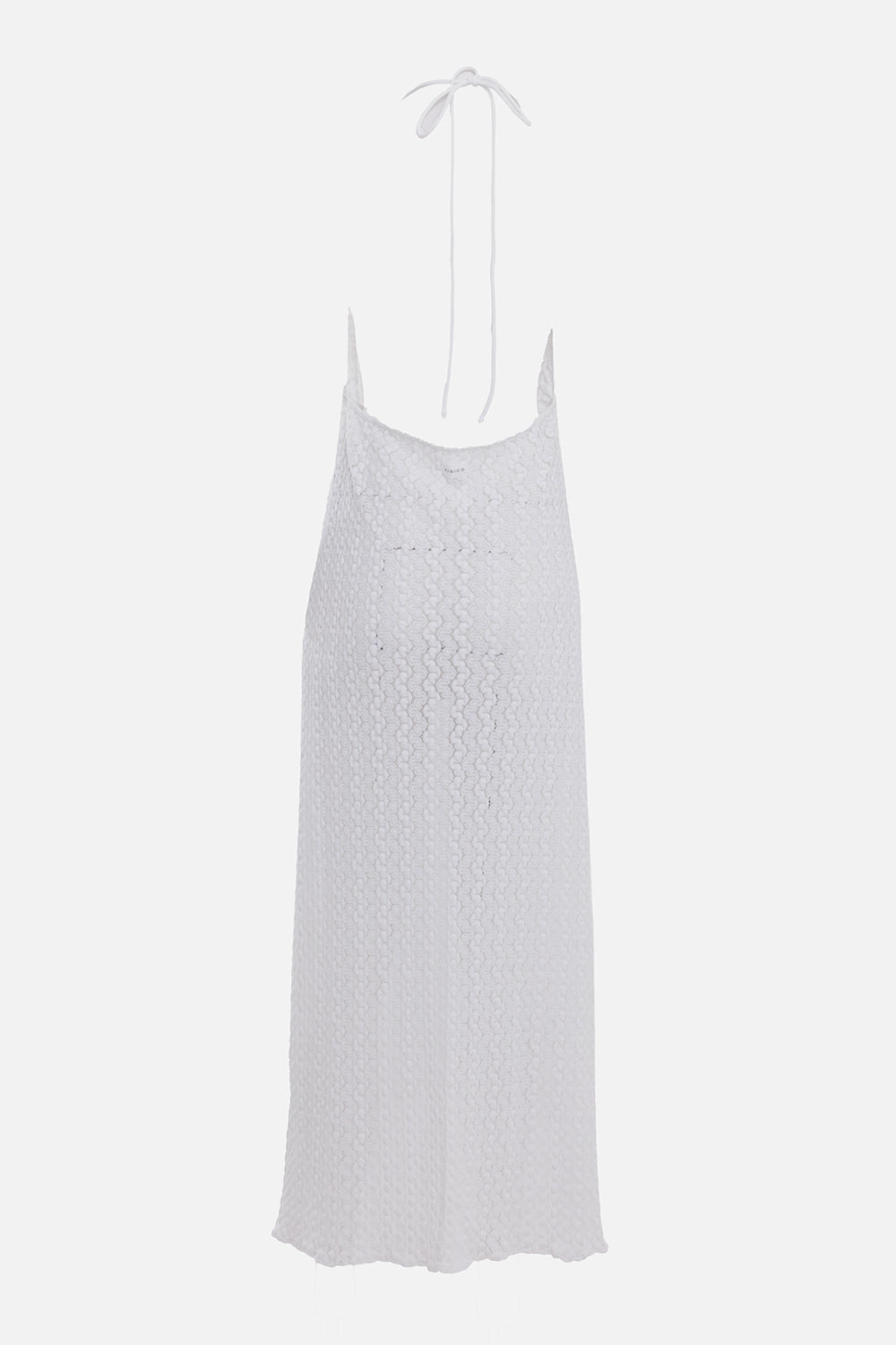 Fisico women's stretch lace wrap dress in white, back view, halter tie neck and low open back