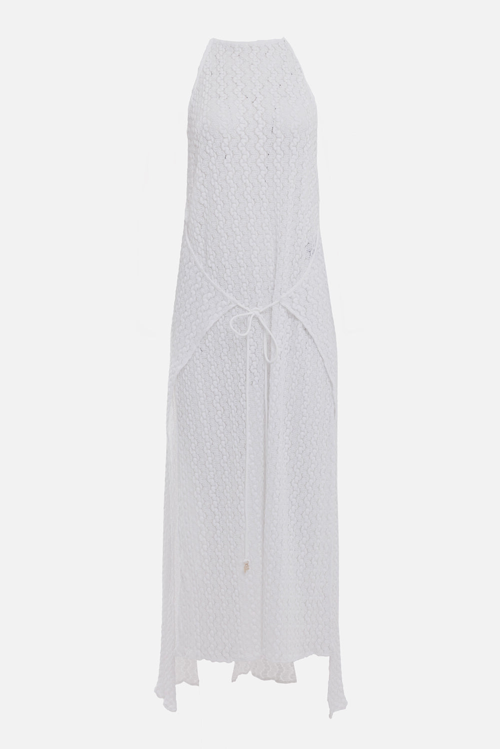 Fisico women's stretch lace wrap dress in white, front view, wrap panels and long waist ties