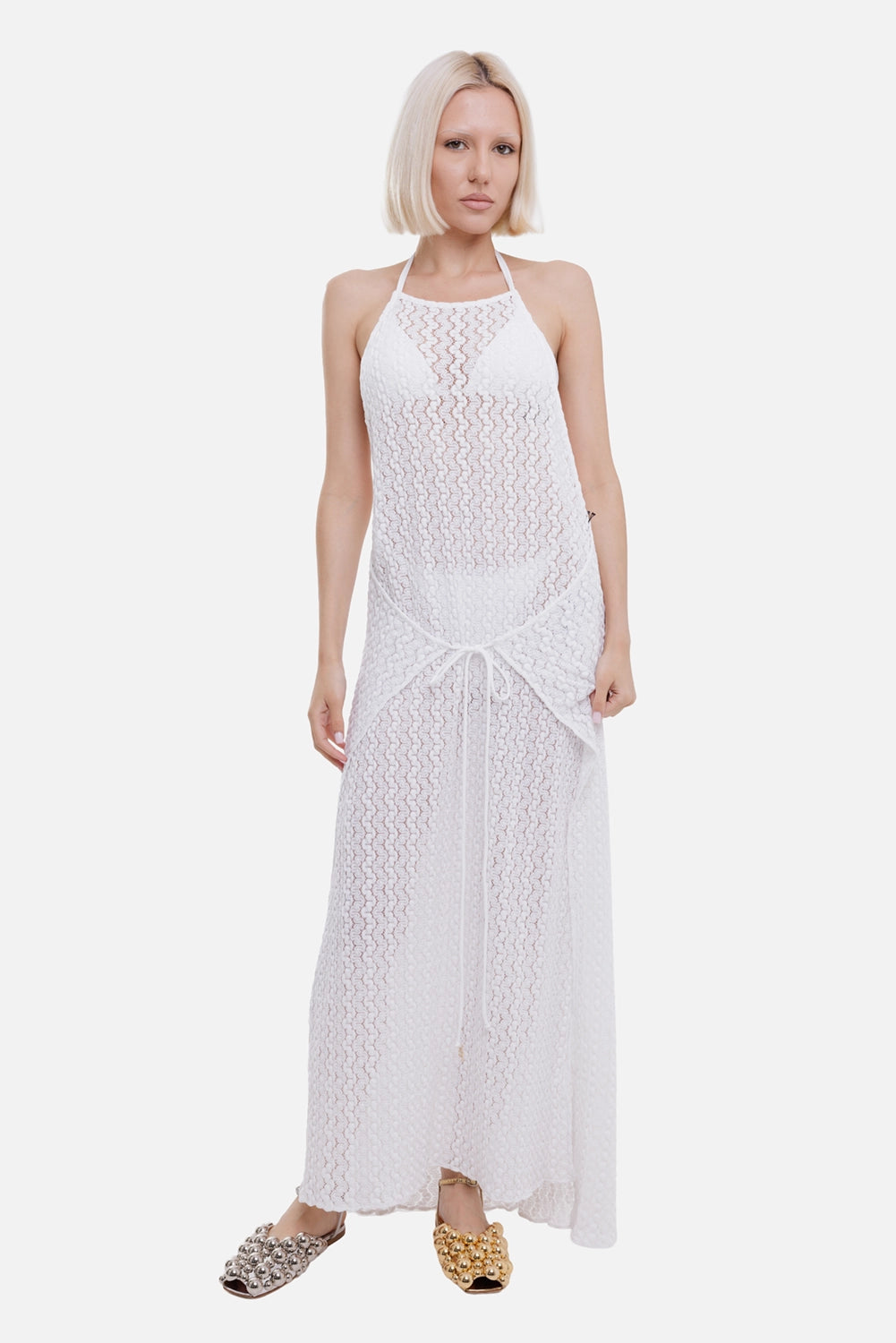 Fisico women's stretch lace wrap dress in white, on-model full length, tie waist and sheer open lace