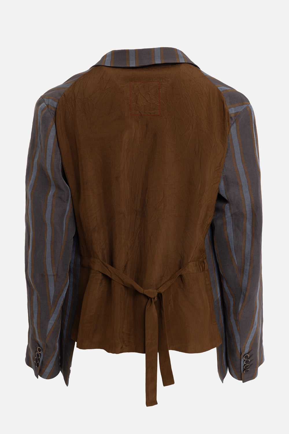 Uma Wang men's striped blazer in brown/blue, back view with self-tie waist and wrinkled brown panel