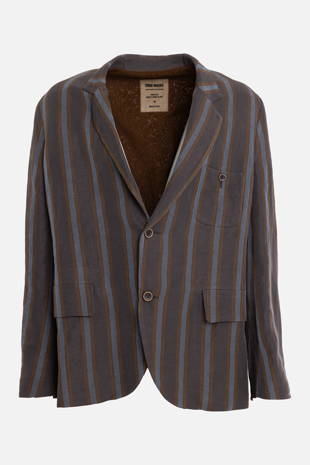 Uma Wang men's striped blazer in brown/blue, front view with notch lapels, chest pocket and flap pockets