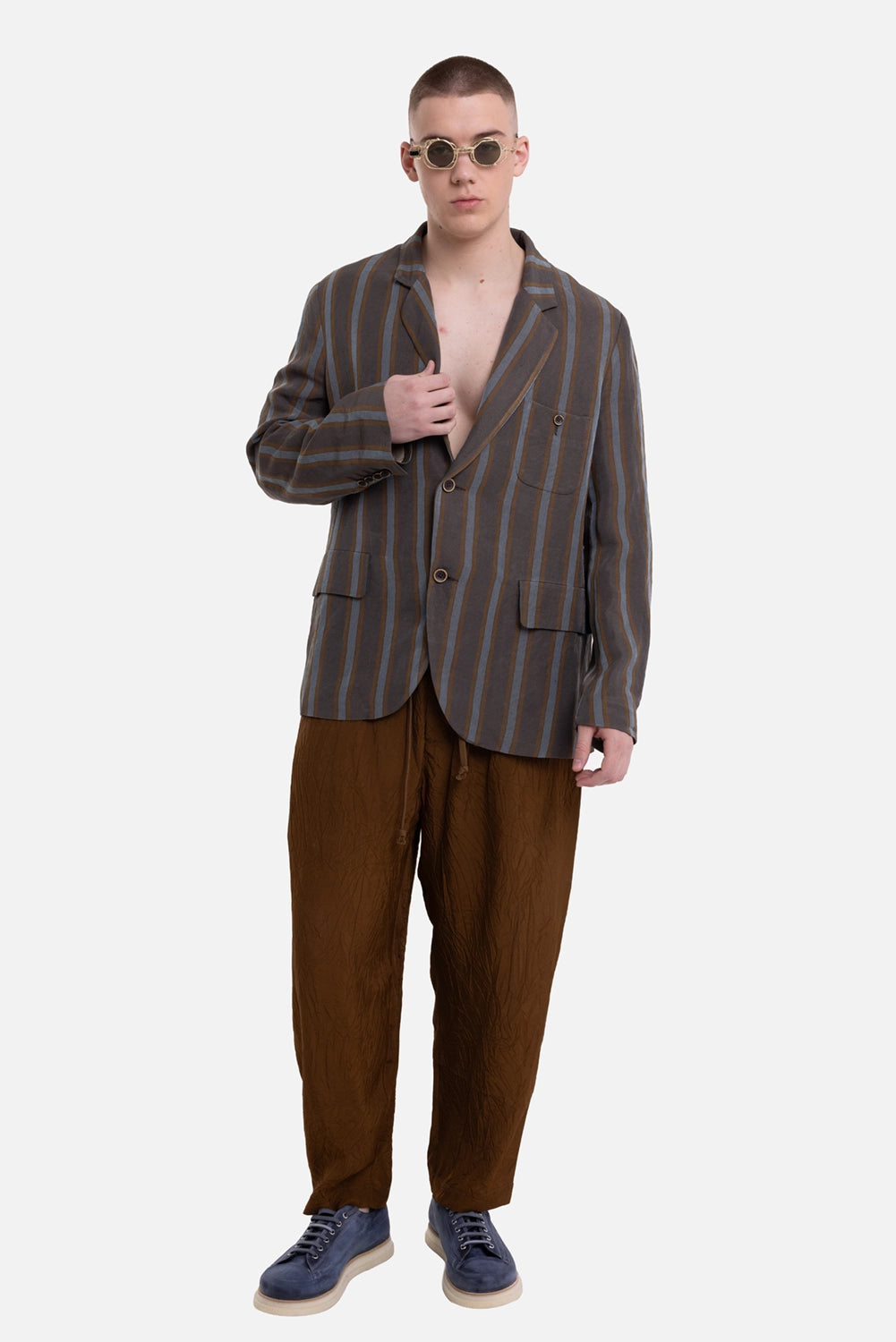 Uma Wang men's striped blazer in brown/blue, on-model full-length view with flap pockets and blue stripes