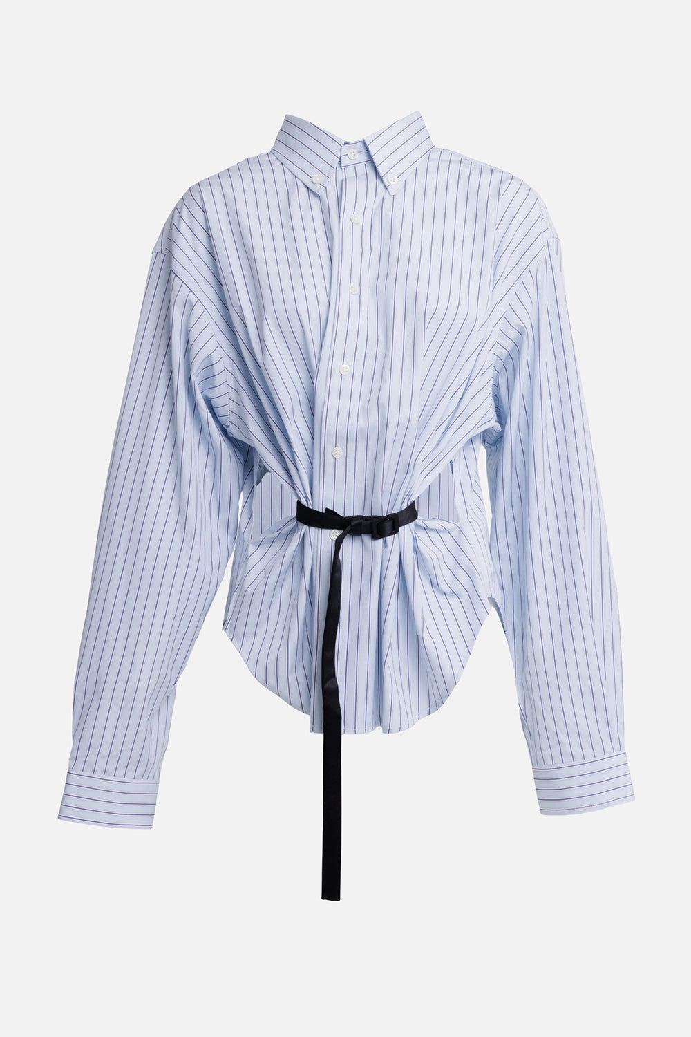 Vaquera women's light blue striped shirt, front view with button-down collar and black waist belt