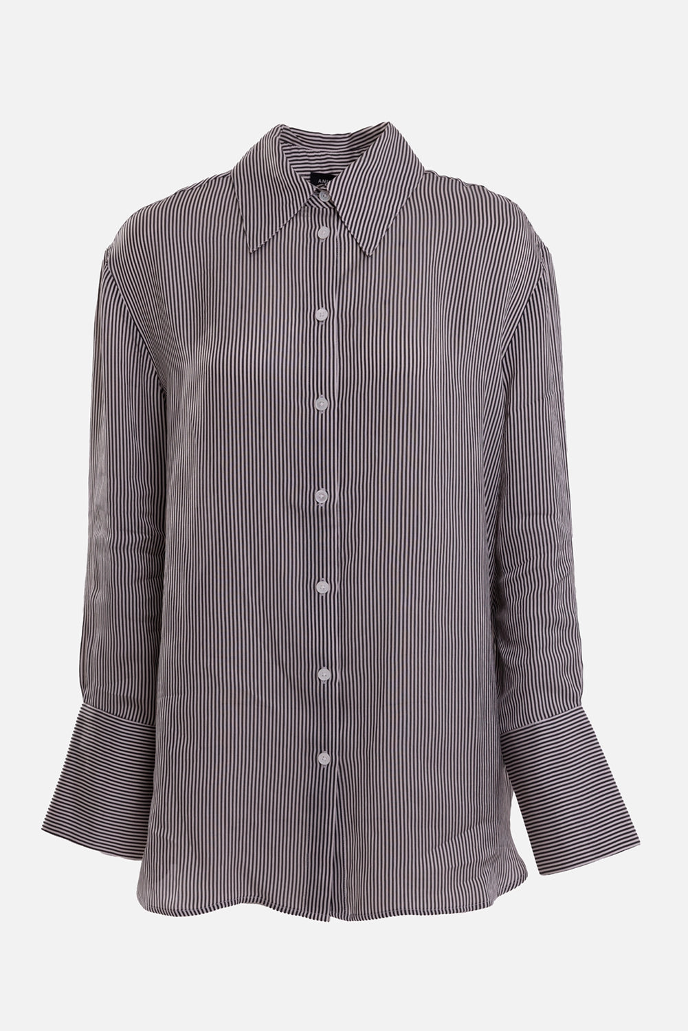Anine Bing women's striped shirt in white and black, front view with point collar and extended cuffs