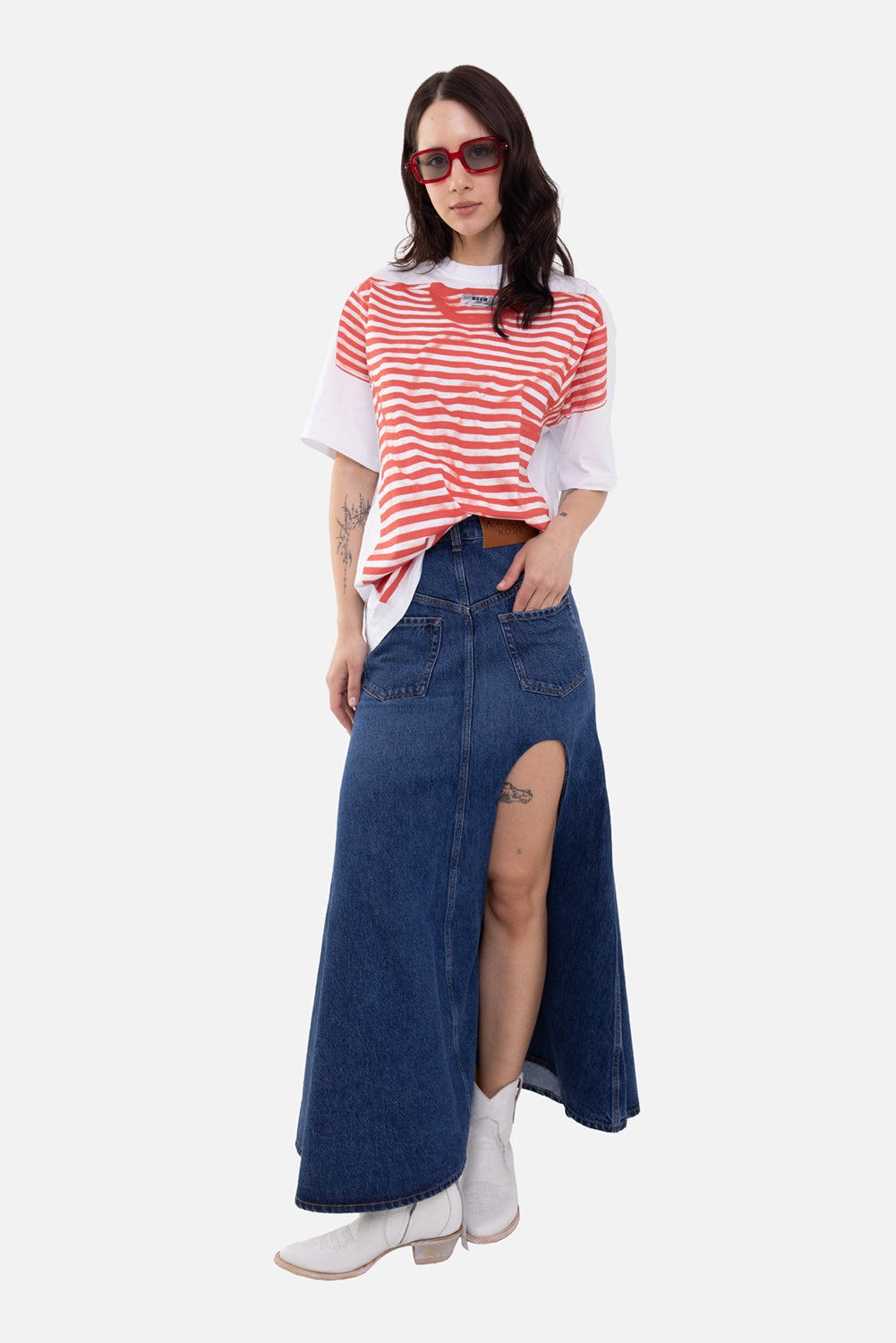 MSGM women's T-shirt in white/red, on-model full-length, red trompe l’oeil stripe print and white sleeves