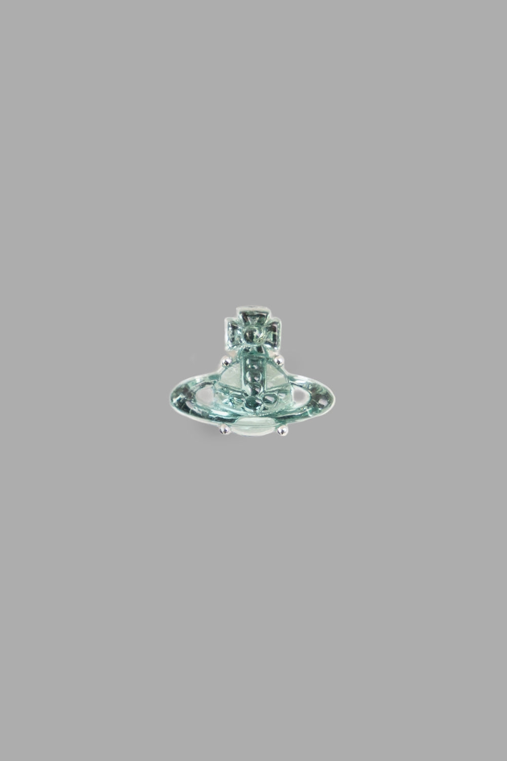 Vivienne Westwood unisex stud earring in platinum grey, front view, cut-out Orb with oval pearl centre