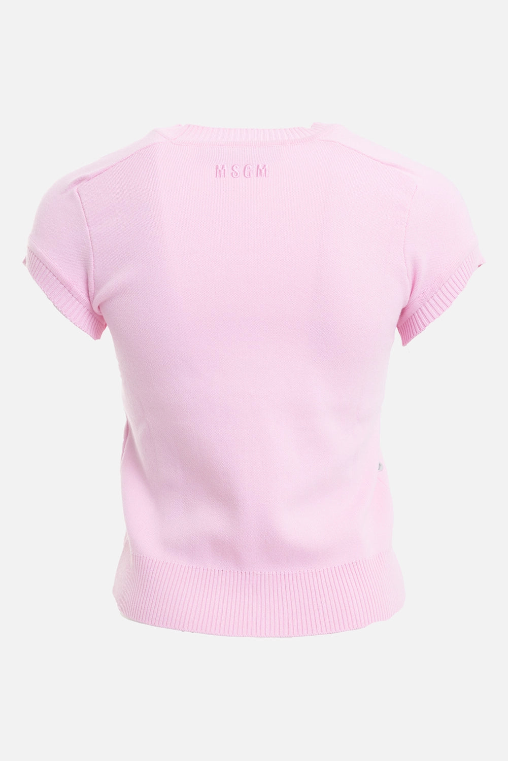 MSGM women's knit top in Pink, back view, tonal logo embroidery and ribbed short sleeves