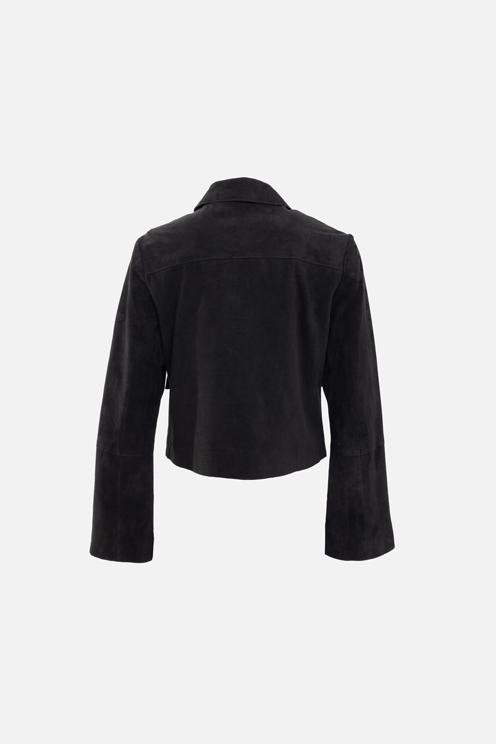 By Malene Birger women's suede jacket in black, back view, clean cropped hem with yoke seam