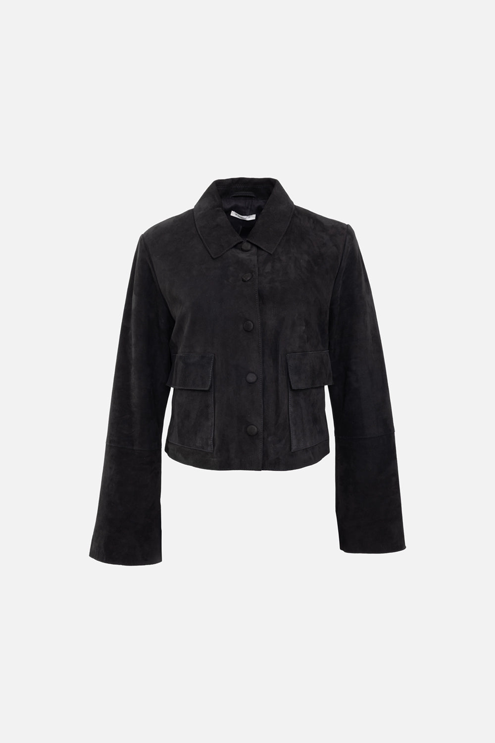 By Malene Birger women's suede jacket in black, front view, pointed collar with flap patch pockets