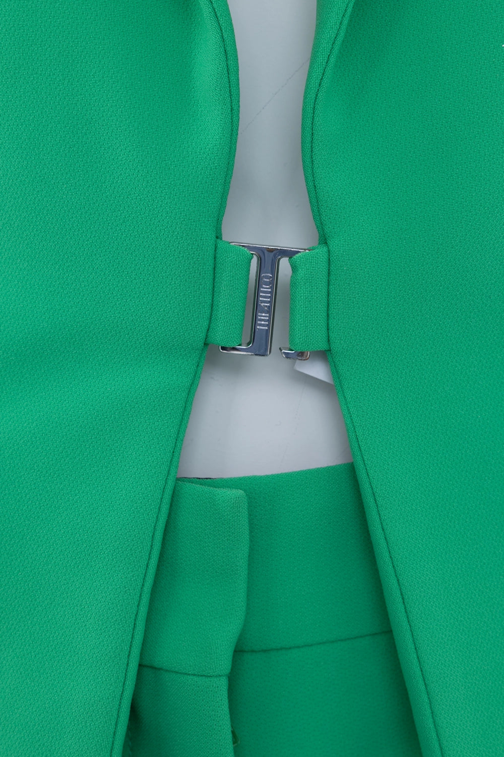 Pre-owned The Attico women's suit set in green, clasp detail view, logo-engraved metal fastening