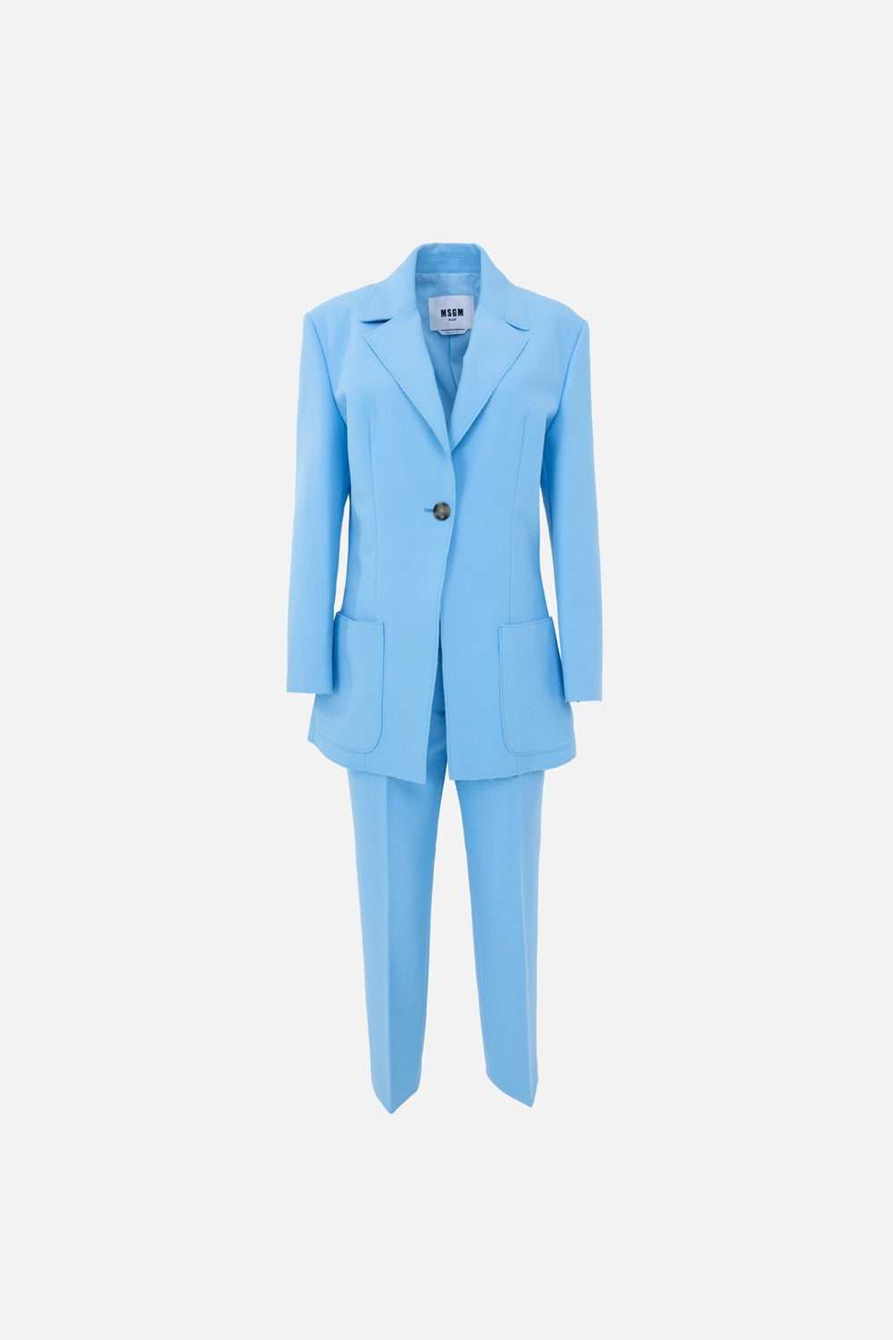 Pre-owned MSGM suit set in sky blue, front view, single-button blazer with patch pockets