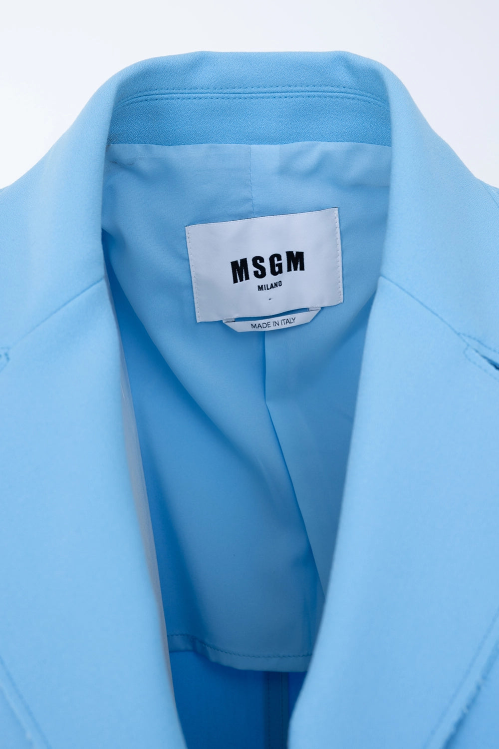 Pre-owned MSGM suit set in sky blue, label view, MSGM Milano tag inside blazer