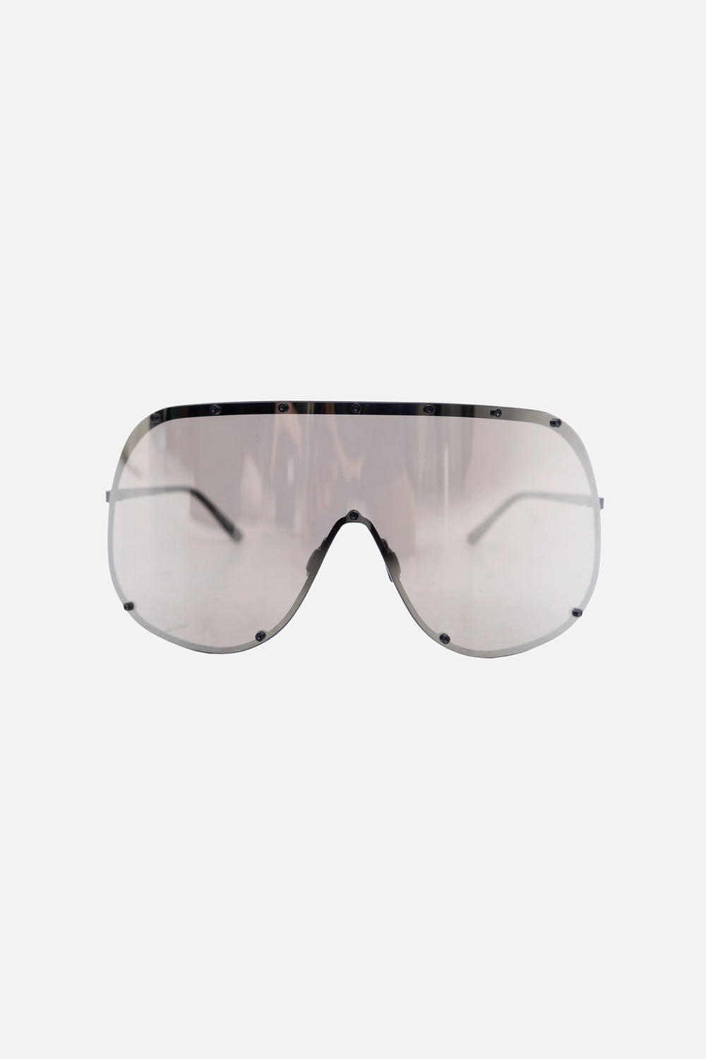 Pre-owned Rick Owens sunglasses in smoke grey, front view, wraparound shield lens and cut-out bridge