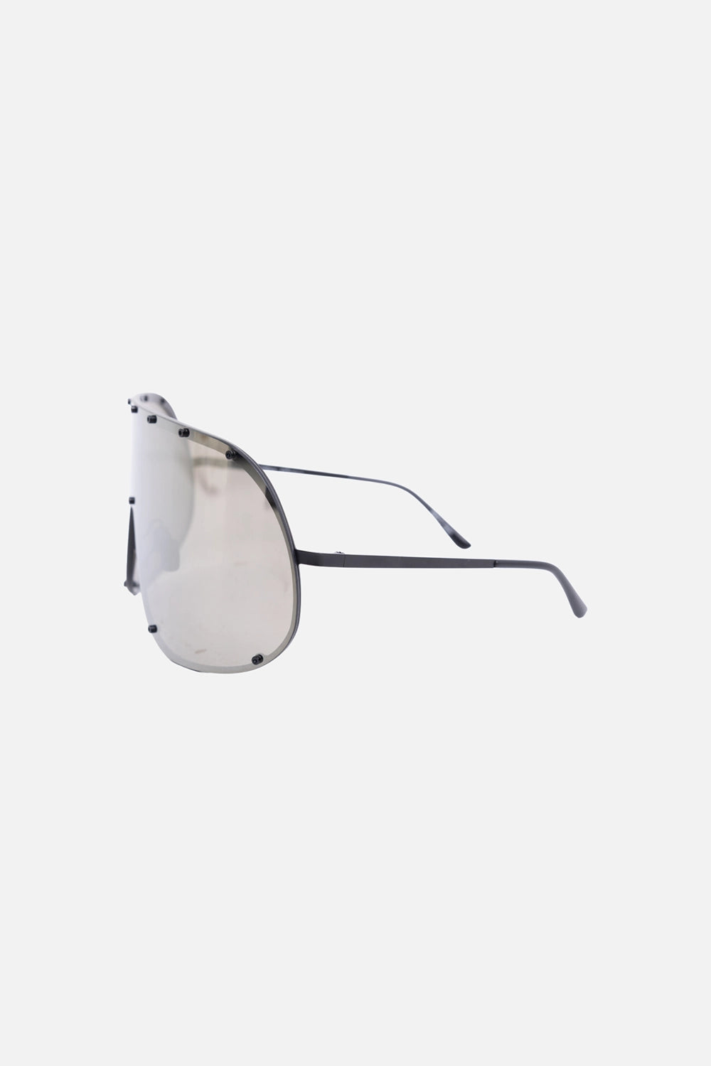 Pre-owned Rick Owens sunglasses in smoke grey, three-quarter view, shield lens with exposed screw hardware