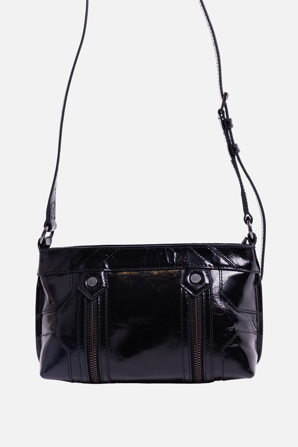 Zadig & Voltaire women's black patent crossbody bag, back view with twin vertical zips and metal studs