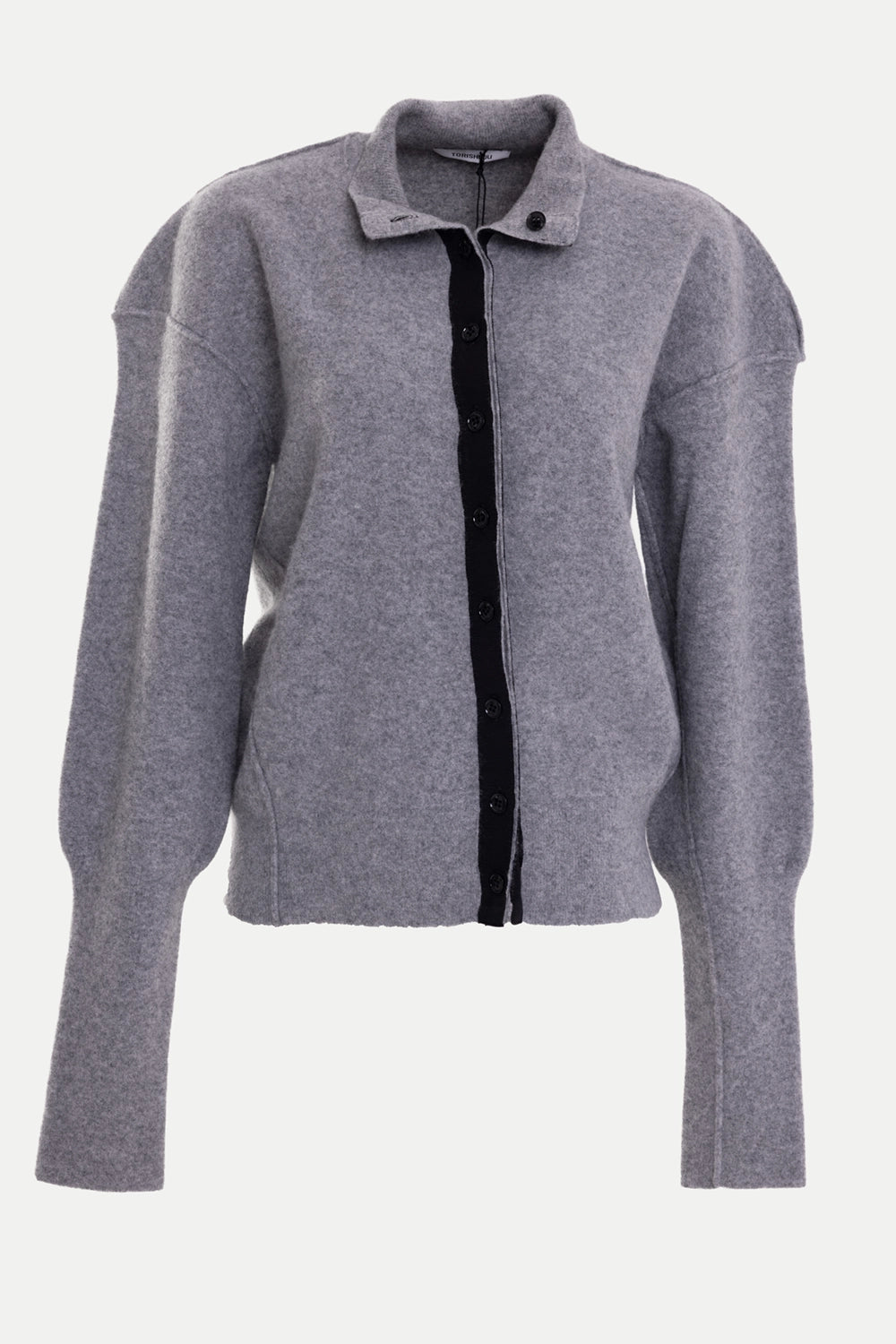 Torisheju women's wool cardigan in grey, front view with black button placket and stand collar