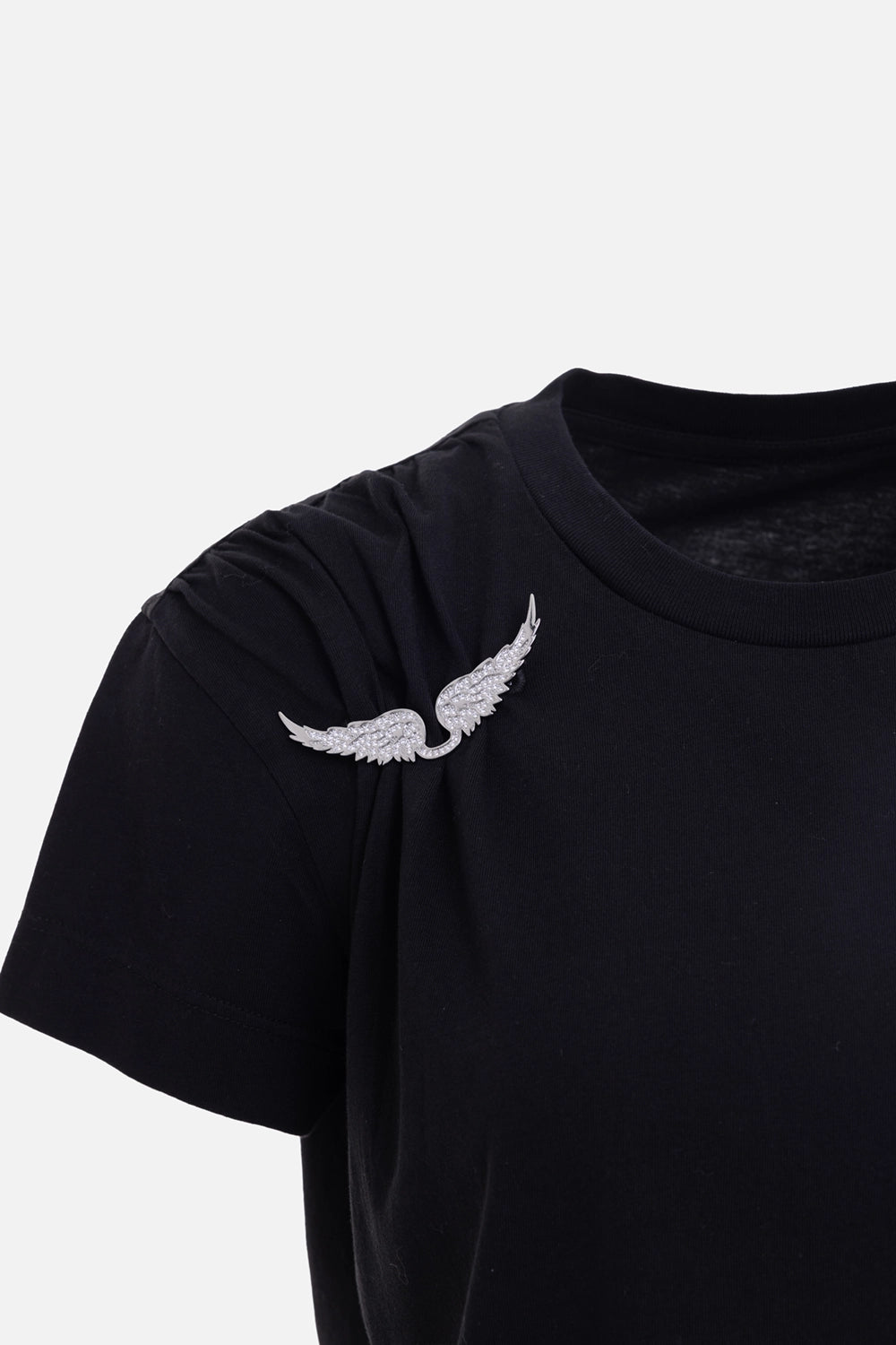 Zadig & Voltaire women's T-shirt in black, logo detail, crystal wing brooch and gathered shoulder pleats