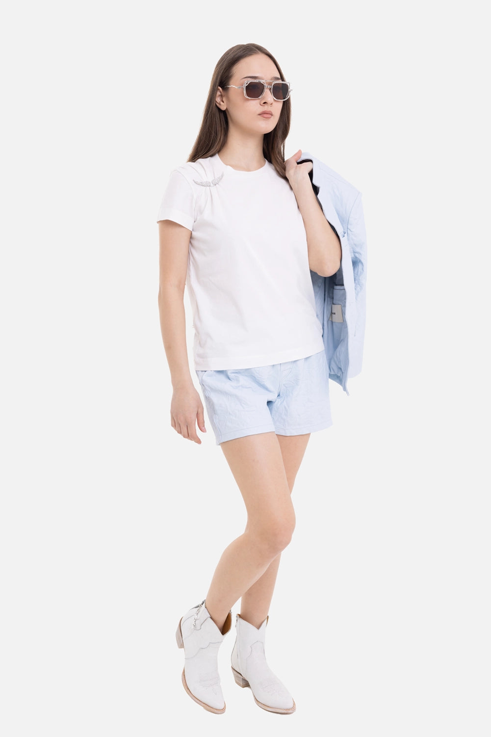Zadig&Voltaire women's cotton T-shirt in judo, on-model full length with crystal wing brooch