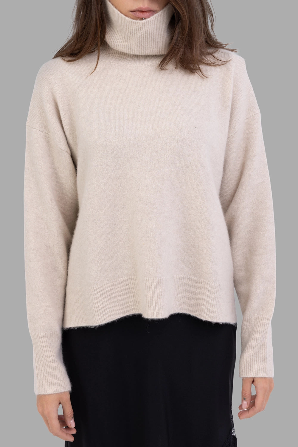 JOSEPH women turtleneck sweater in Affogato, front view, dropped shoulders and wide rib hem.