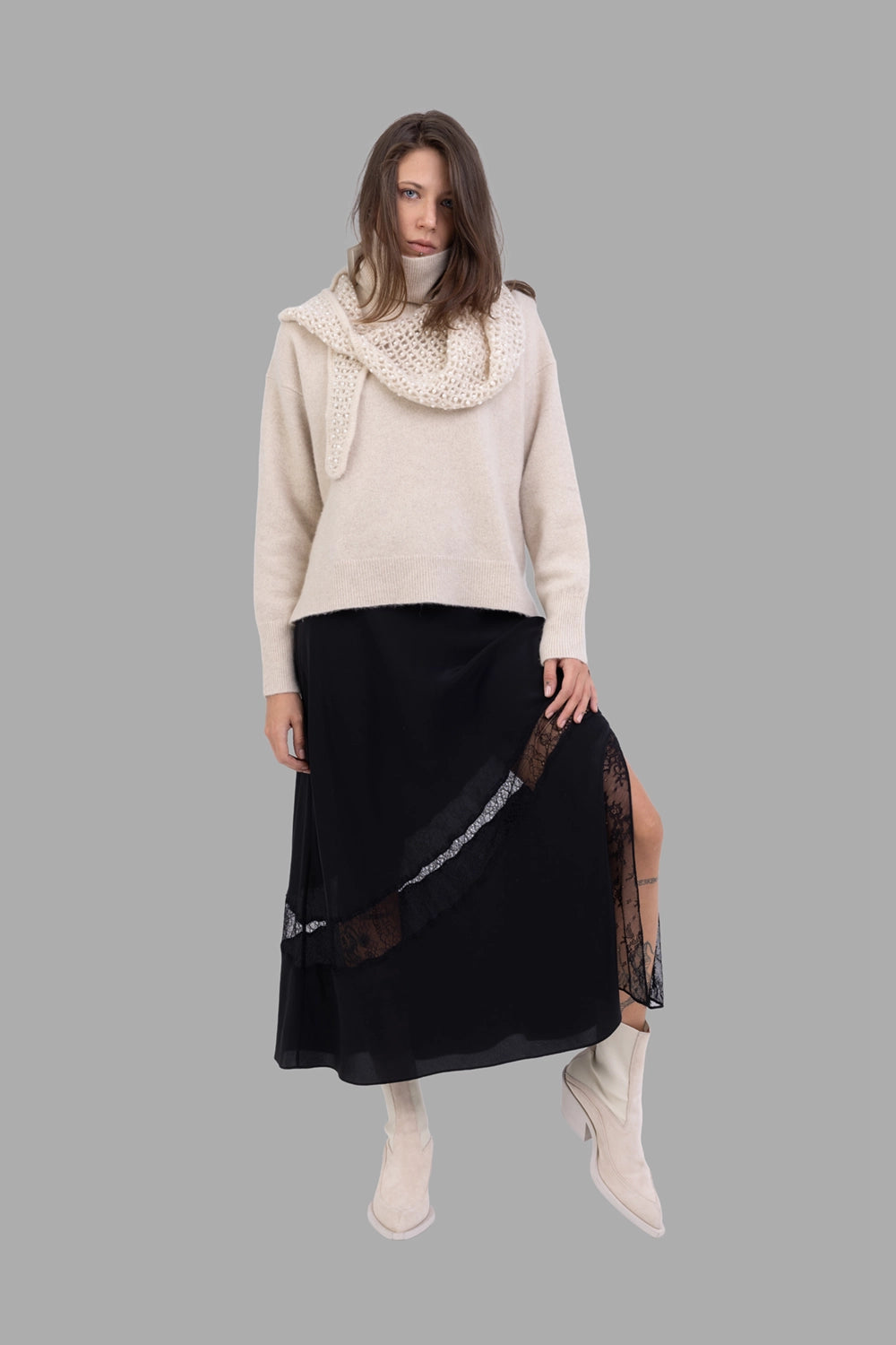 JOSEPH women brushed cashmere-blend turtleneck in Affogato, on-model full length, relaxed fit and rib trims.