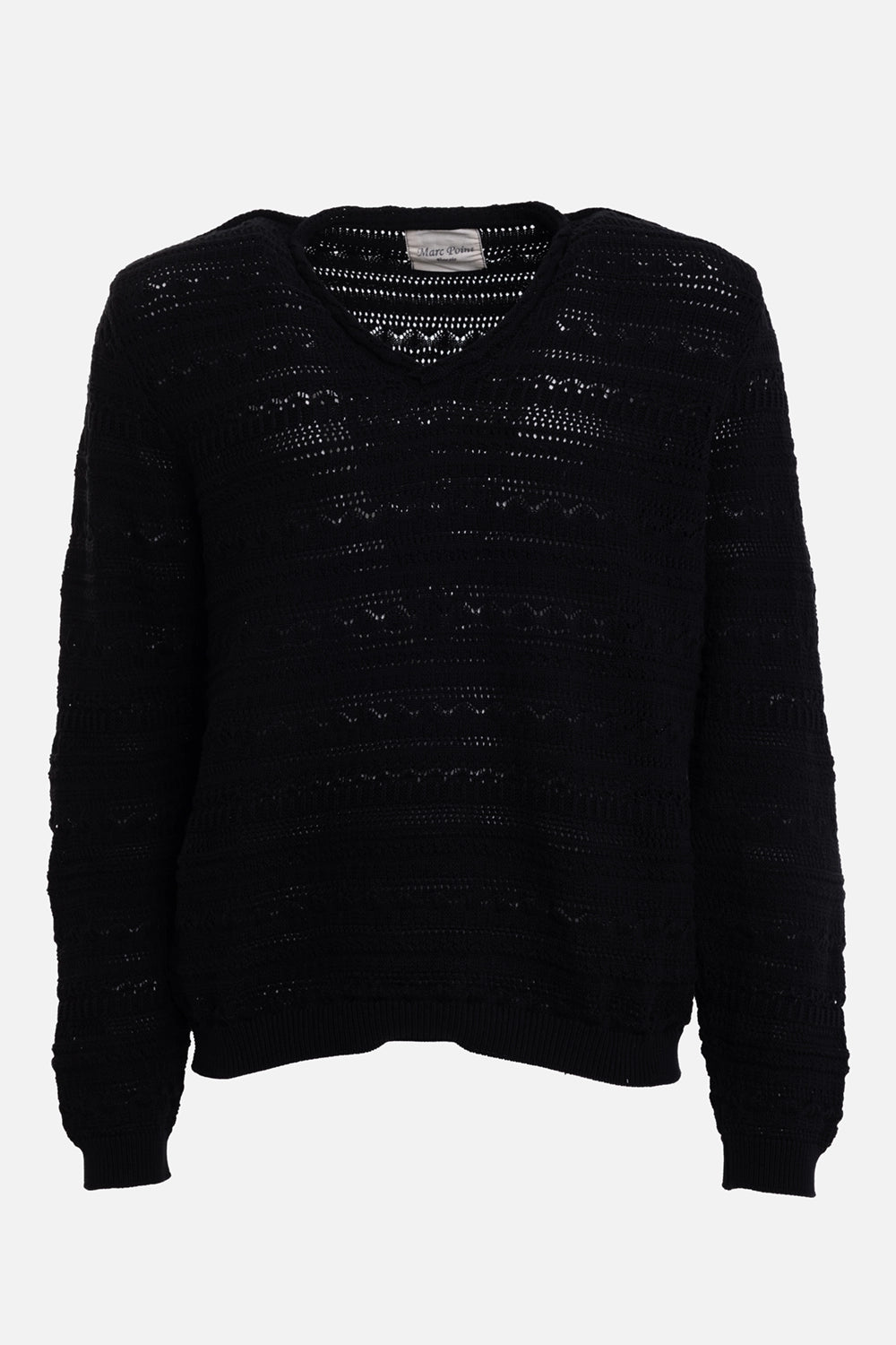 Marc Point men's sweater in black, front view, open-knit texture and V-neckline
